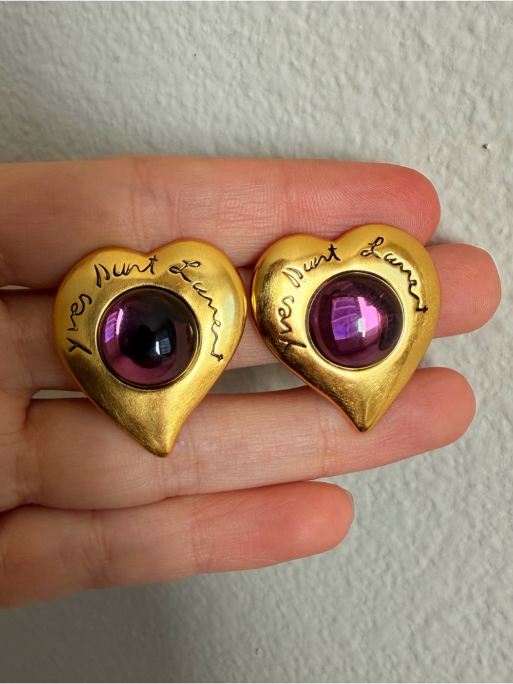 💜Yves Saint Laurent Gold Heart Earrings with Purple Cabochons✨ - Picture 3 of 9